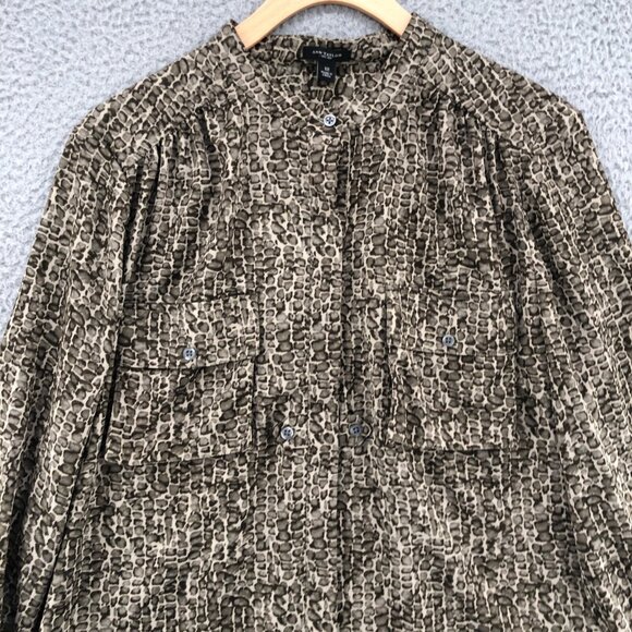 Ann Taylor Top Womens 12 Brown Croc Print Button Up Long Sleeve Pockets Blouse - Picture 2 of 9